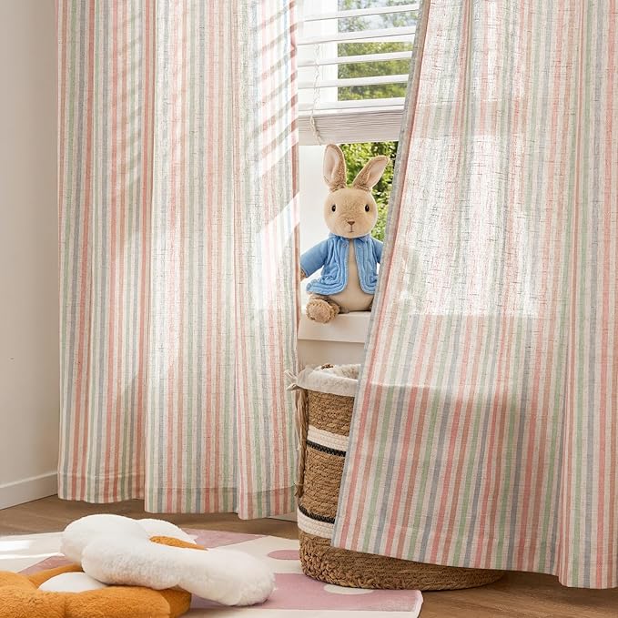 jinchan Linen Curtains 63 inch Candy Stripe for Kids Room Back Tab 2 Panels | Kids Curtains for Living Room Baby Girls Room,Ticking Stripe,Nursery Drapes, Window Treatments,Cottagecore,Light Filtering