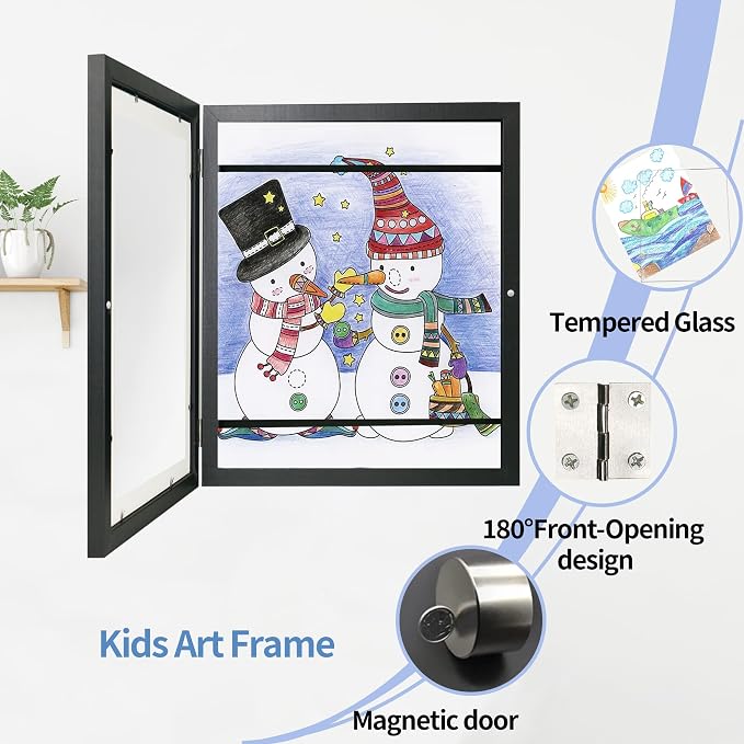 iRahmen Kids Art Frames 10x12.5 Set of 2 - Front Opening Childrens Picture Frame Changeable, Wood Artwork Display Storage for Wall Mount, Magnetic Door Holds 50 Art Pieces for Drawings, 3D Picture, Crafts, Portfolio, Black