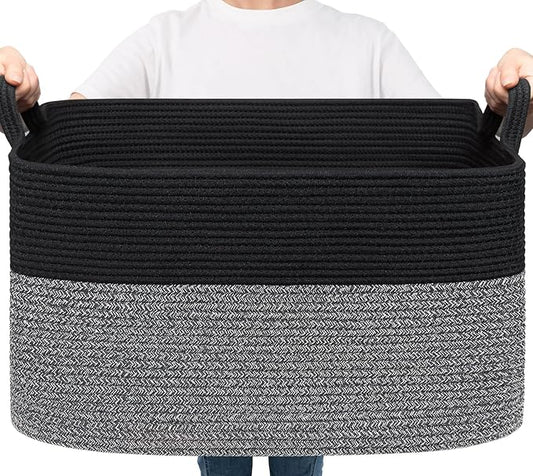 Goodpick Large Woven Blanket Basket 21.6" x 14.9" x 11.8" Storage Baskets for Organizing, Rectangle Baby Toy Bins for Kids Organizer Living Room Bedroom, Black & Gray