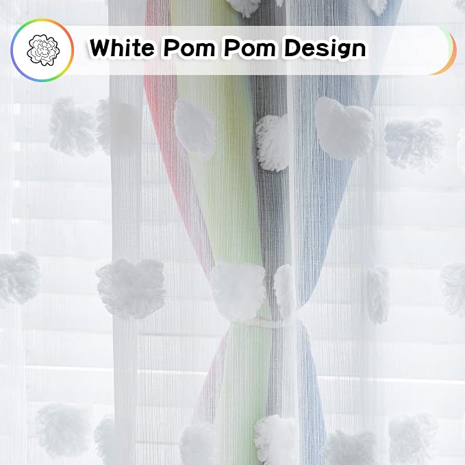MYSKY HOME Rainbow Curtains for Boys Bedroom Kids Curtains 54 Inches Length White Pom Pom Sheer Small Window Curtains Nursery 2 Panels Double Layer Curtains Grommet Room Darkening Curtains, W52 X L54