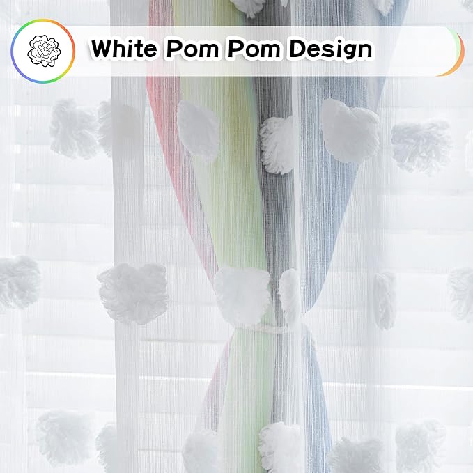 MYSKY HOME Rainbow Curtains 84 Inches Long Kids Blackout Curtain for Girls Bedroom Living Room with White Pom Pom Sheer Ombre Room Darkening Window Drapes Back Tab 52 x 84 in 2 Panels