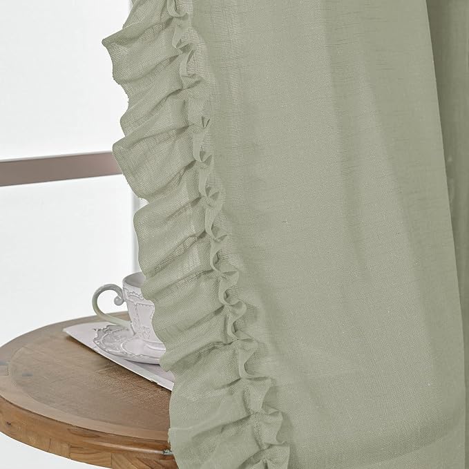 Light Sage Green Cottage Curtains 63 Inch Length 2 Panels, W47 x L63 Inch, Linen Textured Scalloped Boho Farmhouse Curtains for Bedroom, Rod Pocket Privacy Semi-Sheer Ruffled Flowy Curtain Drapes