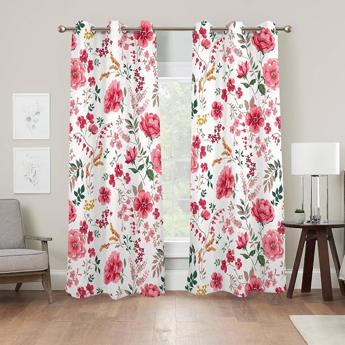 Renaiss Pink Rose Floral Curtains Red Peony Flowers Blackout Window Curtains for Bedroom Thermal Insulated Living Room Window Drapes 42W x 84L Inches 2 Panel Set, Grommet Top