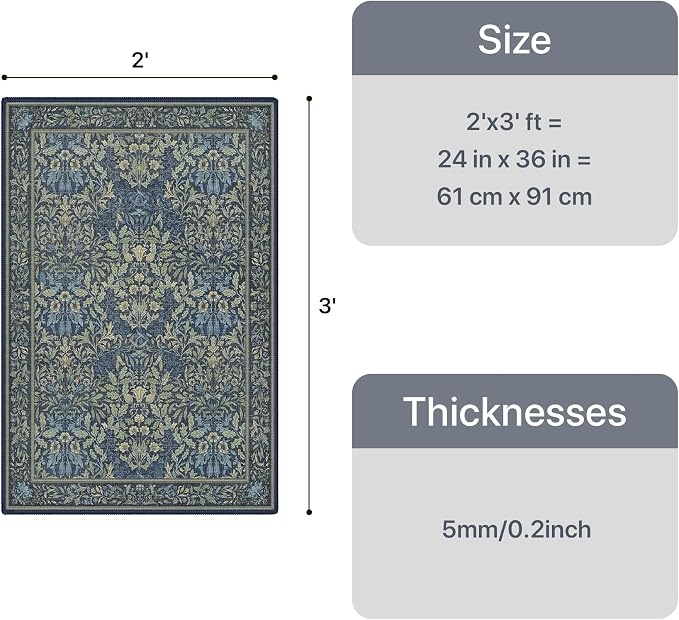 GENIMO 2x3 Washable Kitchen Rug, Non Slip Indoor Door Mat, Dark Blue | Vintage Boho Floral Low Pile Entryway Mat for Bathroom, Front Door and Laundry Room