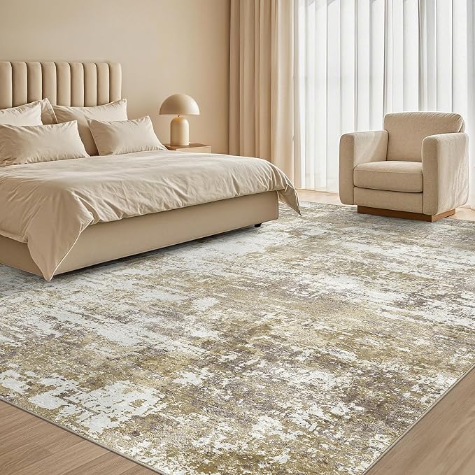 Tortania Area Rug Living Room Rugs - 10x12 Modern Abstract Neutral Large Soft Thin Rugs - Non Slip Indoor Carpet for Bedroom Dining Room Office Nursery Home Floor Decoration - Golden Brown