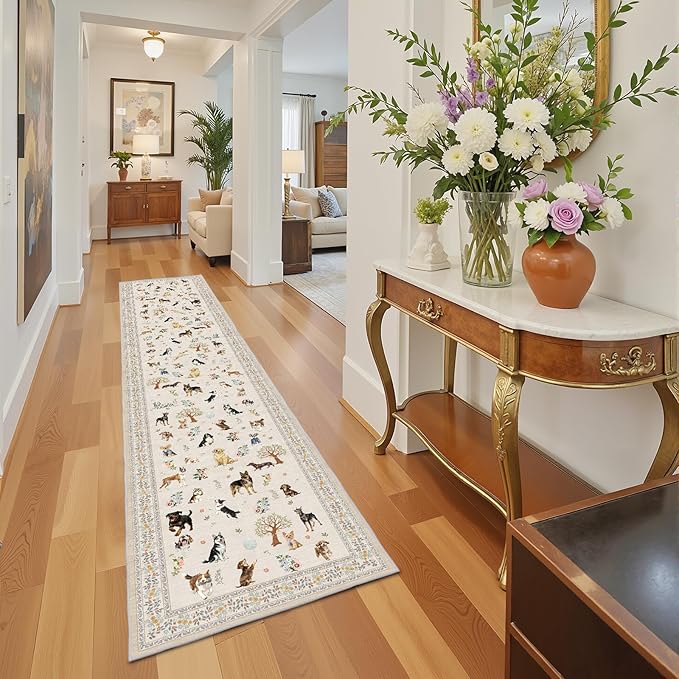 Dog Rug for Hallways Kitchen Rug 2x8, Non Slip Washable Rugs with Rubber Backing Soft Floral Dog Carpet Runner for Hallways, Kitchen, Laundry, Bedroom, Bathroom (2 x 8, Beige)
