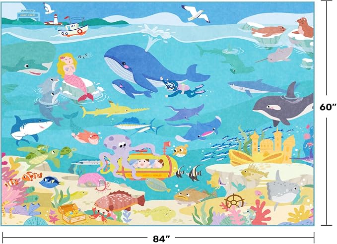 5x7 Ocean Rug for Kids Room – Large Area Rug with Beach Wave Whale & Mermaid, Washable Non Slip Learning Carpet for Toddlers, Bedroom or Playroom Décor