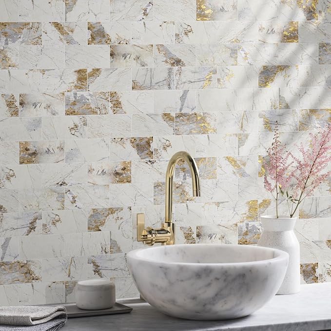Vamos Tile 4-Piece Peel and Stick Backsplash Seamless Tile,3''x6'' Glossy Pandora Marble with Gold Veining PVC Subway Tile,Stick on Backsplash for Kitchen/Bathroom/Laundry Room