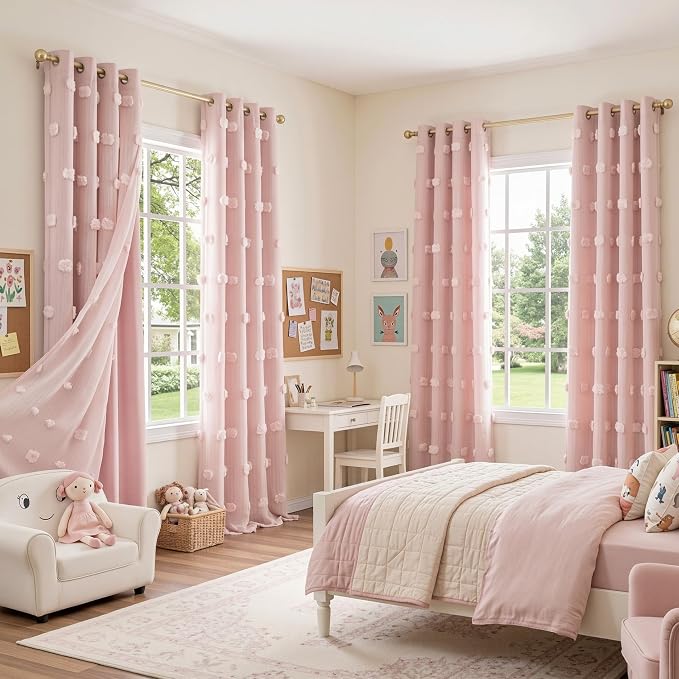 MYSKY HOME Pink Curtains for Living Room Pink Sheer Pom Pom Kids Room Decor Drapes 102 Inches Long Light Blocking Double Layer Curtain for Sliding Door Grommet Window Panels Set of 2 52" x 102"