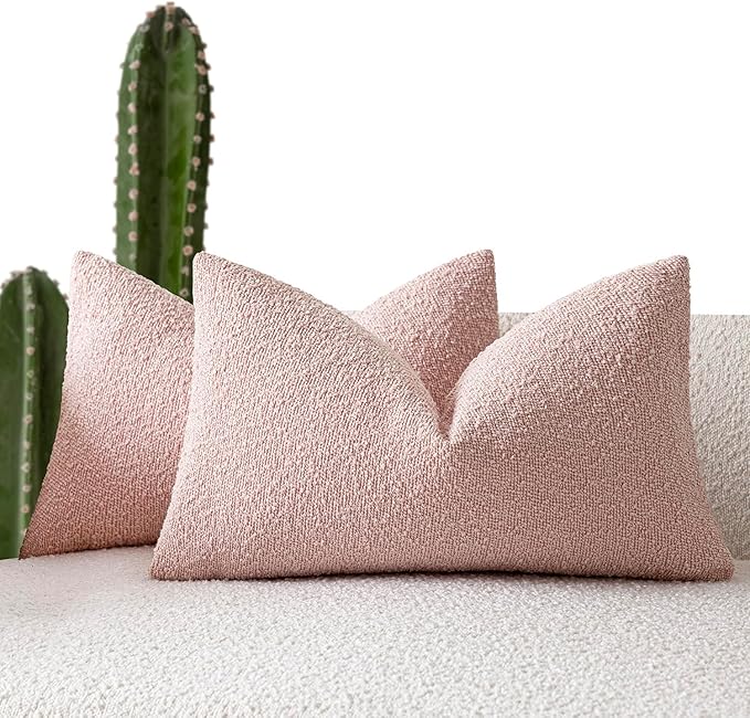 Foindtower Pack of 2 Textured Boucle Throw Pillow Covers Accent Solid Decorative Lumbar Pillow Cases Cozy Couch Cushion Case for Chair Sofa Bedroom Living Room Home Decor 12x20 Inch Sakura Pink