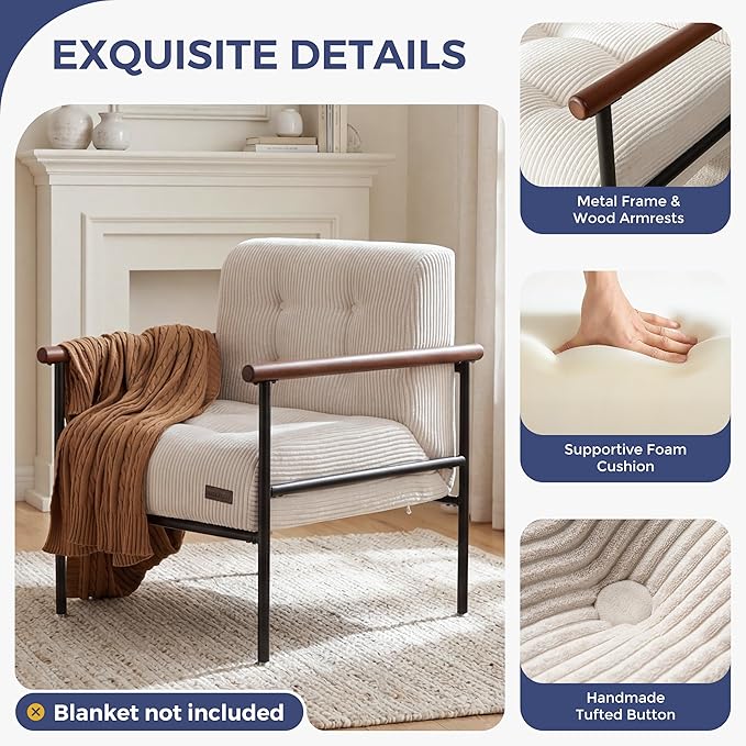 MAXYOYO Living Room Accent Chair, Modern Chair with Metal Frame | Upholstered Reading Chair Modern Living Room Chair with Support Cushion for Bedroom Balcony Porch, Beige
