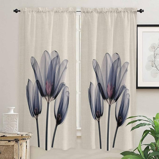 Kitchen Tier Curtains 72 inches Long, Abstract Transparent Blue Flower Tulip Cotton and Linen Texture Curtains for Living Room Bath,Rod Pocket Light Filter Drapes Half Window Treatment Tiers 2 Panels