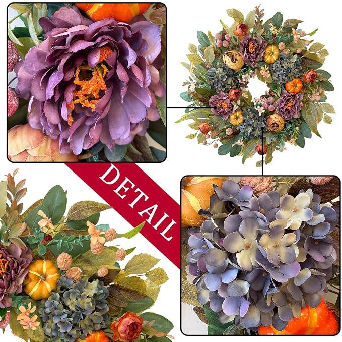 WANNA-CUL 24in Fall Front Door Wreath,Hydrangea Peony Pumpkin Harvest Decor | Twig-base Autumn wreath, Thanksgiving Farmhouse decor with storage box for reuse, indoor outdoor seasonal gift