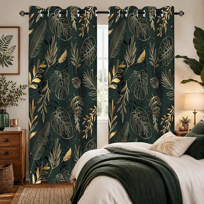 Tropical Leaves Blackout Curtains for Bedroom, Gold Leaf Dark Green Botanical Drapes Modern Window Curtains Darkening Thermal Insulated Grommet for Living Room Bedroom Decor 2 Panels 52x84 Inches