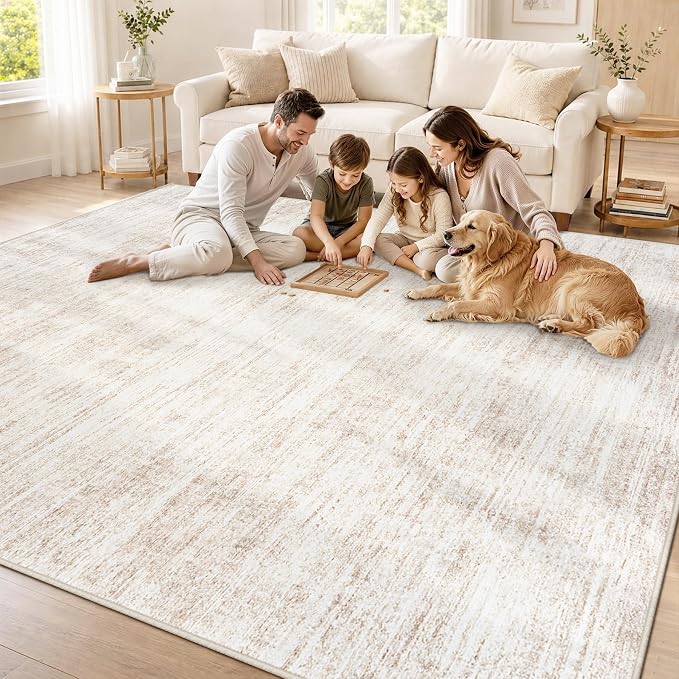 6x9 Area Rugs for Living Room Washable Rugs Neutral Abstract Large Rug Soft Modern Carpet Non-Slip Stain Resistant Low Pile Rug for Bedroom Dining Room Nursery Home Office Under Table Area Rug Beige