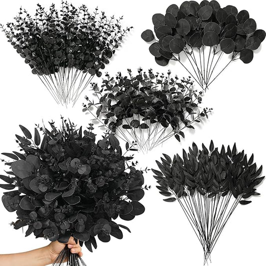 Alecono 100pcs 4 Kinds Mixed Greenery Stems, Artificial Eucalyptus Stems Bulk, Faux Leaves for Halloween Home Party Decoration DIY Vase Bouquet Gothic Floral Arrangement (Black)