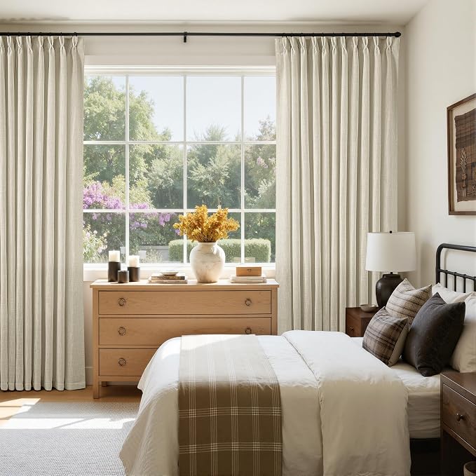 TWODRAPES Pinch Pleated Extra Wide Curtain Panels 92 Inches Long 70 Wide Linen Curtain for Patio Sliding Glass Door Beige Hooks Rings Semi Sheer Privacy 90 Inch Length for Living Room 70x92 1 Panel
