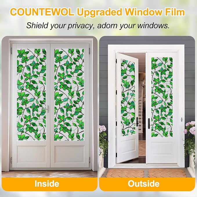 COUNTEWOL Window Privacy Film with Installation Tools Home Decorative Colored Glass Window Stickers Reusable electrostatic Rainbow Stickers (Frosted Greenery Leaf, 35.4 x 157.4 in)