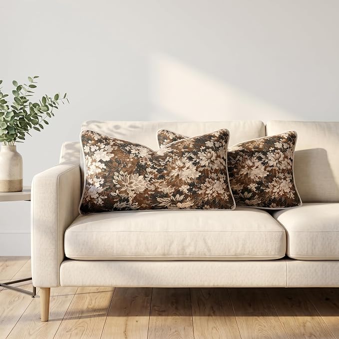Vintage Floral Throw Pillow Covers 12x20 Inches Set of 2 Lumbar Boho Pillow Cases Premium Chenille Textured Decorative Cushion Covers for Couch Retro Garden Farmhouse Style Brown