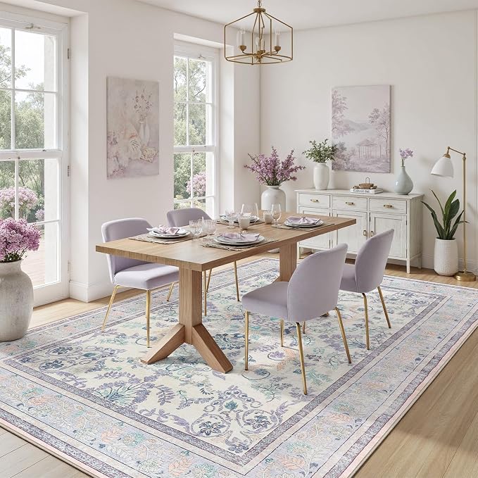 DCX Purple Floral 8x10 Area Rugs for Living Room, Machine Washable Large Soft Boho Non-Slip Botanical Rug for Bedroom Dinning Room Kitchen Flowers Playroom Nursery Carpets