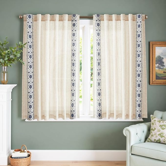 jinchan Blue Floral Embroidered Short Linen Curtains 54×54 Inches 2 Panels | Light filtering, back tab, rod pocket, cafe curtains for kitchen bedroom living room, cottage farmhouse, small window