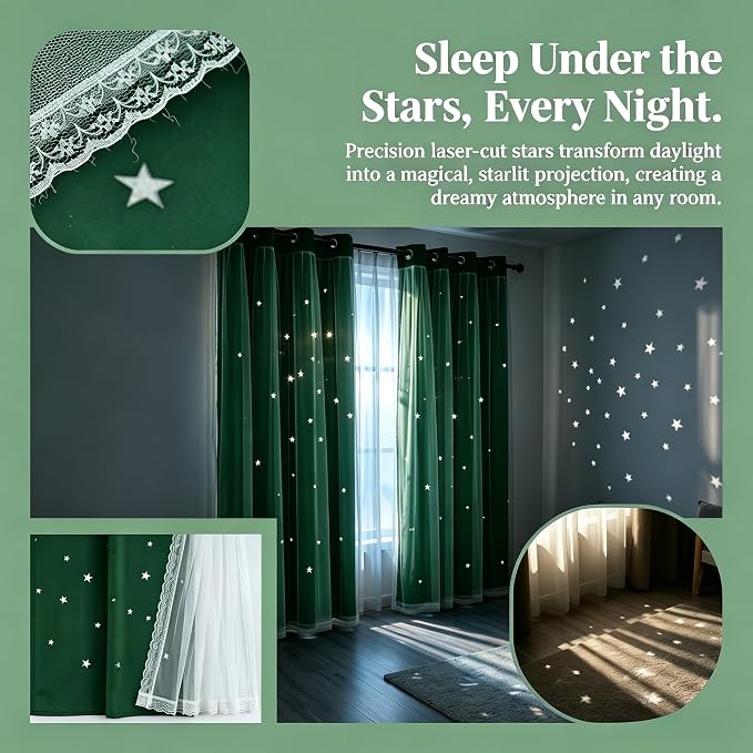 Kids Blackout Curtains for Bedroom/Living Room/Classroom, Sheer Overlay 2 Free Tiebacks, Double Layer Curtains with Star Cutout for Kids Room(Each Piece W 70 x L 84 Inches 2 Pcs Dark Green)