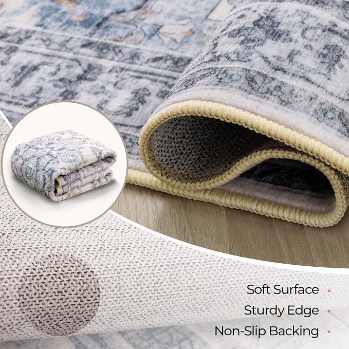 CAPALOCA Machine Washable Rugs Nursery Rug Sq5ft Cute Girl Non Slip Low Pile Water Repellent Soft Print Pattern for Bedroom Indoor Decor Kids Playroom Blue White