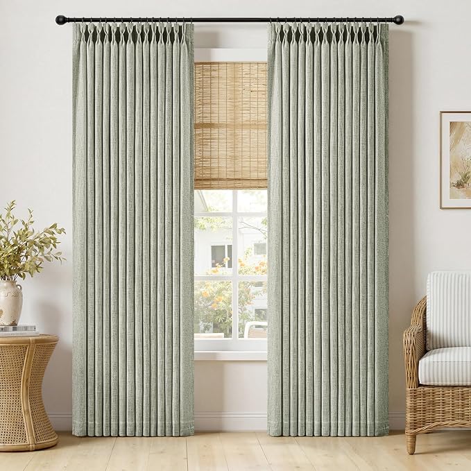 MIULEE Pinch Pleated Thick Linen Curtains 84 Inches Long 2 Panels for Living Room Bedroom, Linen Textured Memory Trained Drapes Pleat Back Tab Light Filtering Sage Green Window Curtains with Hooks