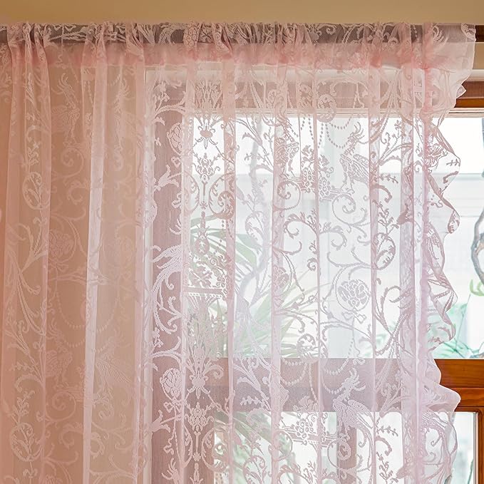 TUDECO Light Pink Lace Curtains 84 Inches Long - Coquette Romantic Floral Spring Sheer Pink Ruffle for Bedroom Set of 2, Shabby Chic Privacy Princess CuteCore Room Decor, 59 x 84 Inch