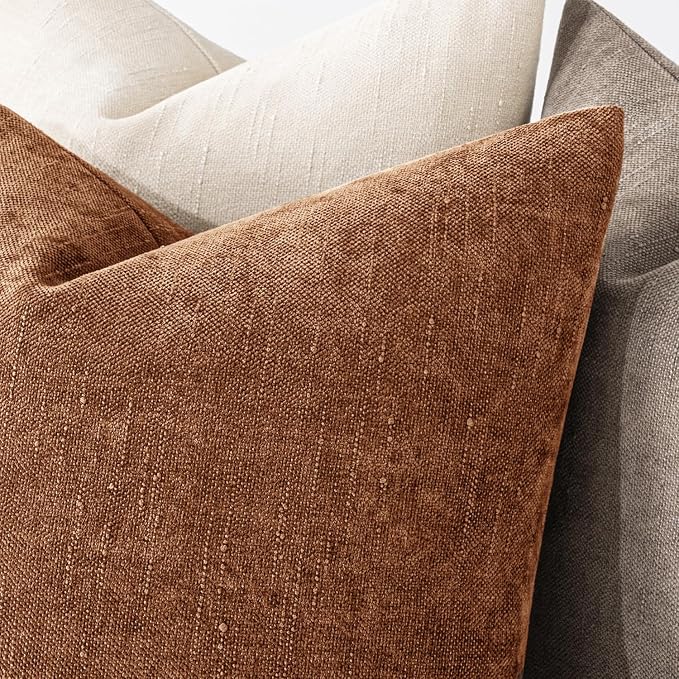 MIULEE Pack of 2 Decorative Throw Pillow Covers Soft Chenille Euro Pillowcases Solid Neutral Farmhouse Textured Cushions Morden Home Decor for Couch Sofa Bedroom Living Room 24x24 Inch,Pecan Brown