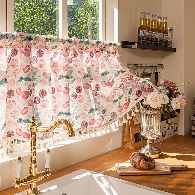 Deeprove Boho Valance Kitchen Cafe Over Sink Window Treatment Retro Aesthetic Style, Pink Red Cherry Print Abstract Short Drape Adjustable Curtain for Bedroom Living Room, 52Wx18L Rod Pocket 1 Panel