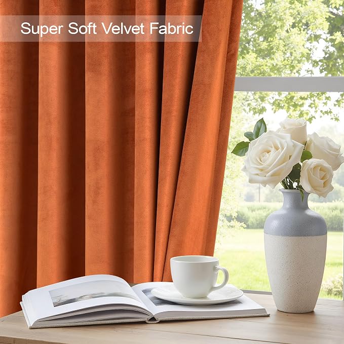 Burnt Orange Velvet Room Darkening Curtains 63 Inch Length 2 Panels for Bedroom Western Fall Decor Heavy Retro Short Drapes Luxury Living Room Curtains for Dining Kitchen Laundry Terracotta Rust 52x63