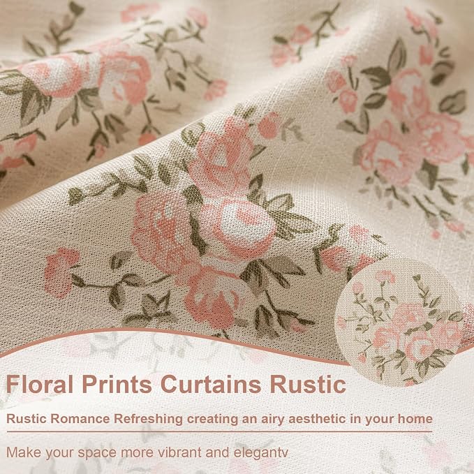 OYX Pink Floral Curtains for Girls Room 2 Panels, Linen Curtains 96 Inch Length with Flower Pattern Light Filtering Window Privacy Curtains for Living Room Boho Farmhouse Vintage, Each 52 Inch Wide