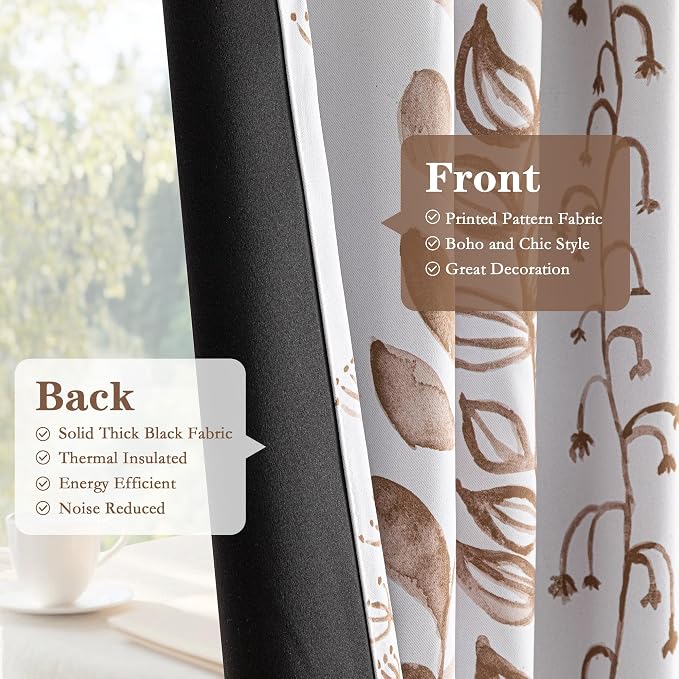 MEETSKY Blackout Curtains 84 Inches Long Leaves Patterned Farmhouse Thermal Insulated Privacy Protection Drapes with Rod Pocket Back Tab for Bedroom Living Room, 2 Panels, 50" Wide, Khaki