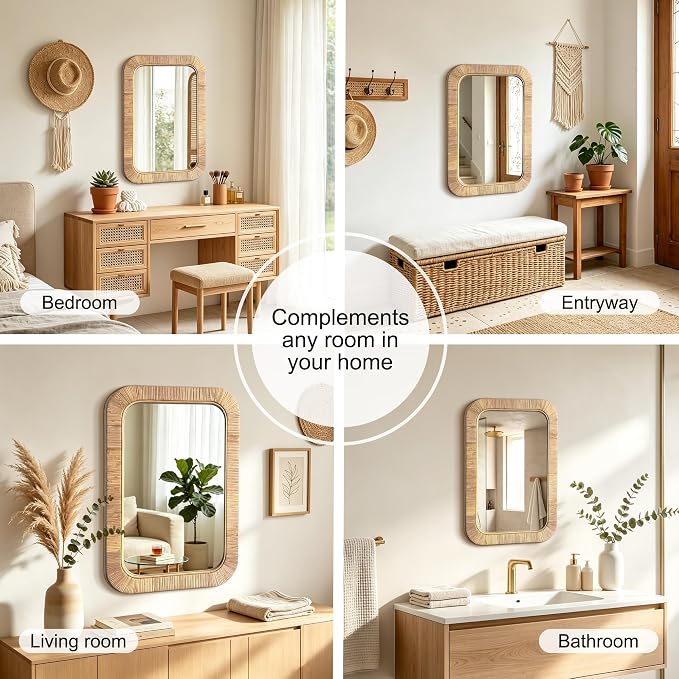 Decorative Rattan Wall Mirror, Boho Bathroom Modern Makeup, Rustic Wall Bohemia Mirrors for Bedroom, Living Room, Vanity Versatile Farmhouse, Nursery, Bathroom (Rectangular 30“x20”, X Small)