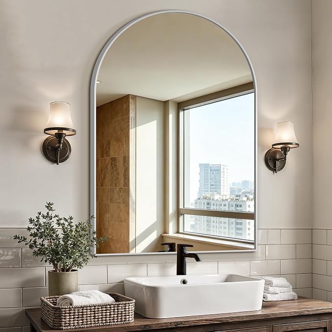 Bathroom Vanity Mirror for Wall, 38”x26” Arched Bathroom Mirror for Over Sink, Arched Metal Frame for Bedroom, Living Room, Entryway, Hanging or Leaning, Silver
