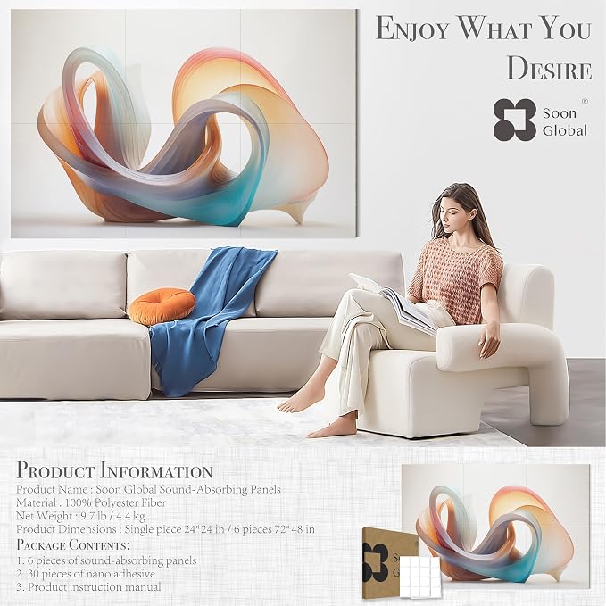 Soon Global Acoustical Wall Panels, 72 X 48 Inches Art Acoustic Panels, Decorative Acoustic Panels, Acoustic Wall Panels, Sound Absorbing Wall Art, Fluid