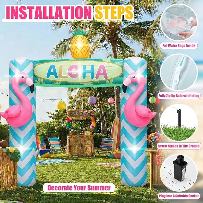 Jenaai 9.5FT Giant Flamingo Inflatable Arch, LED Blow up Inflatables for Party, Luau Hawaiian Tropical Beach Party Decorations for Summer Pool Yard Garden Favors Supplies