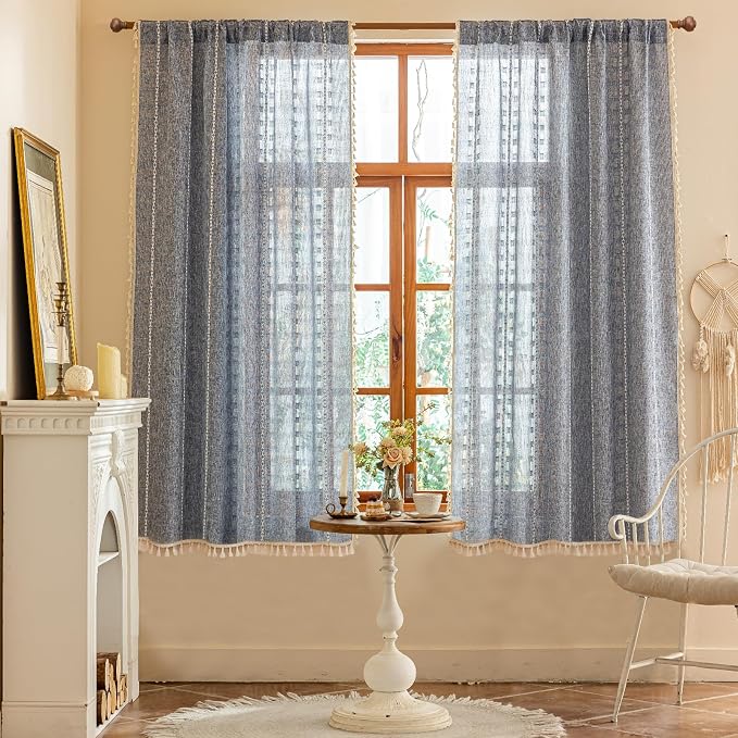 Blue Boho Semi Sheer Curtains 63 inch Length 2 Panel Set for Bedroom & Farmhouse, Bohemian Light Filtering Privacy Drapes Beige Tassels Shabby Chic Embroidery Window Curtains Back Tab & Rod pocket