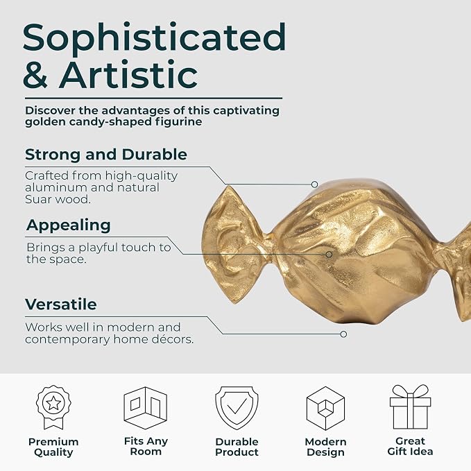 Sagebrook Home Gold Metal 9" Wrapped Candy Decorative Object, Elegant Aluminum and Suar Wood Accents for Home Decor