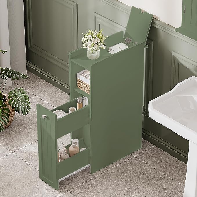 ChooChoo Slim Bathroom Storage Cabinet, Small Narrow Storage Organizer with Slide Out Drawers, Freestanding Toilet Paper Holder, Bathroom Cabinet for Small Places, Green