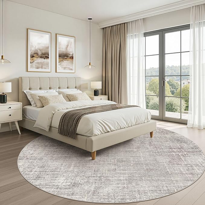8ft Round Rug Living Room: 8x8 Washable Large Neutral Circle Area Rug Abstract Soft Modern Stain Resistant Indoor Floor Non-Slip Carpet for Bedroom Nursery Kids Office Playroom Dining Room- Brown Gray
