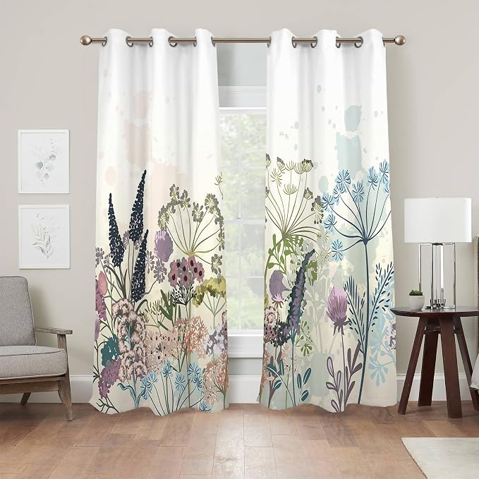 Renaiss Wildflowers Blackout Curtains Vintage Botanical Floral Plant Thermal Insulated Window Drapes for Bedroom 53W x 84L inches 2 Panel Set Window Curtain Panels for Living Room