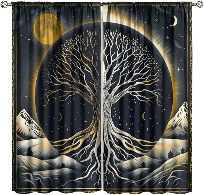 Sun Moon Blackout Curtains, Vintage Country Abstract Tree of Life Bohemian Mystic Window Drapes, for Bedroom Living Room 63" W X 72" L