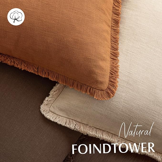 Foindtower Set of 2 Decorative Linen Fringe Throw Pillow Covers Cozy Boho Farmhouse Cushion Cover with Tassels Soft Accent Pillowcase for Couch Sofa Bed Living Room Home Decor, 18×18 Inch, Orange