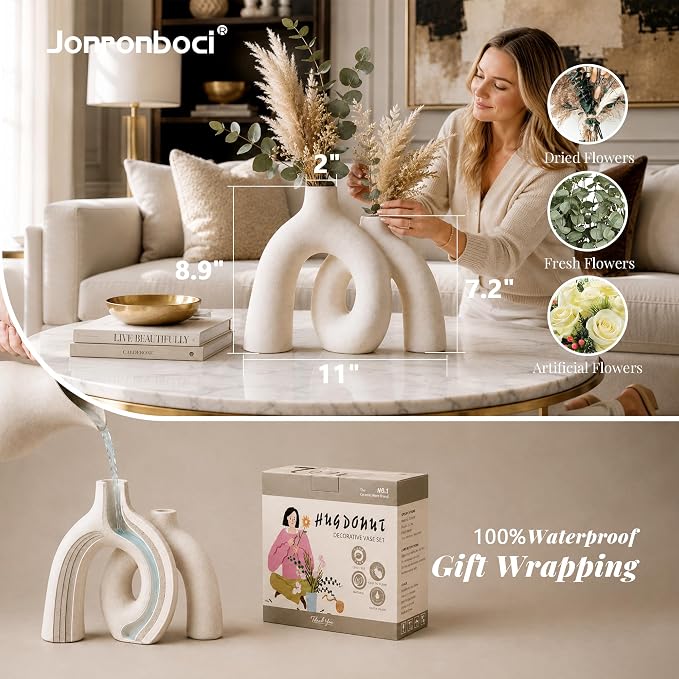 Hug Donut Decorative Vase Set - Modern Nordic Boho Style Vases Home Decor, Matte Ceramic Decorations for Living Room Shelf, Bookshelf Mantle Entryway Table or Console Décor (Cream White)