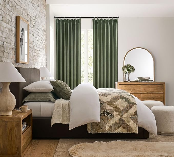 PleatedDrapes Dark Olive Green Pleat Memory Shape Linen Curtains 84 Inch Length 2 Panels for Living Room, Cottagecore Farmhouse Loden Light Filtering Moss Office at Home Sheer Curtains 40"x84" Long