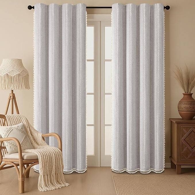 Grey Boho Blackout Curtains 2 Panels 84 Inch for Living Room Bedroom, Linen Texture Farmhouse Curtains with Tassels and White Cotton Embroidery Vintage Rustic Country Western