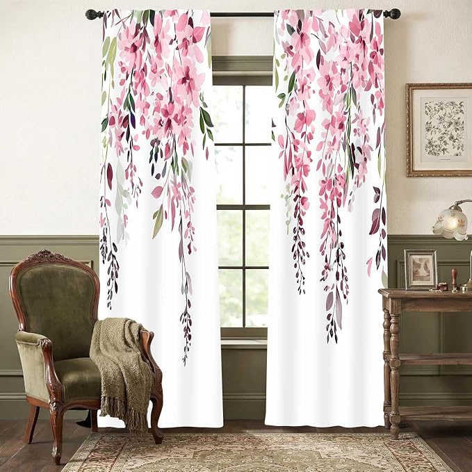 Pink Watercolor Floral Curtains, Botanical Leaves Vine Flowers Curtain, Rustic Farmhouse Flower Leaf Blackout Window Treatment Drapes for Bedroom Living Room 52x72 inch, 2 Panels