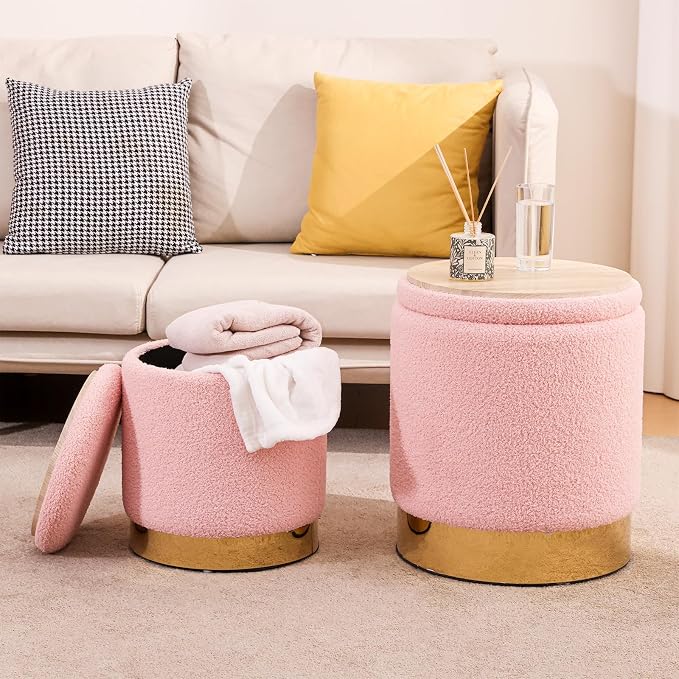 Round Ottoman with Storage Set of 2 Vanity Stool Small Ottoman Coffee Table, Foot Stool, Removable Lid, Vanity Chair for Living Room, Bedroom, Hallway, Assembly Free (Pink)